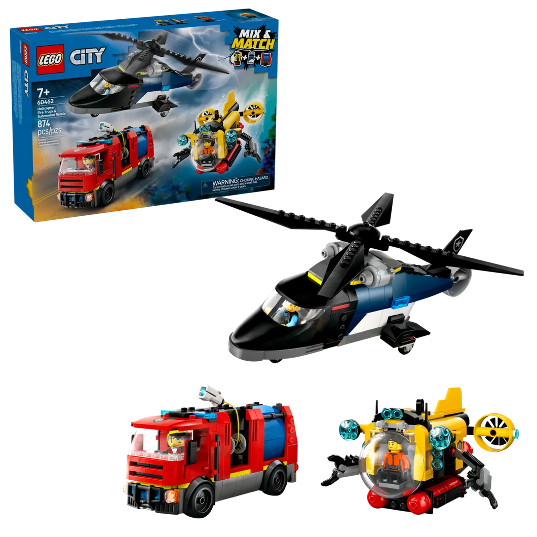 LEGO City helicopter fire truck submarine set with detailed rescue vehicles and figures