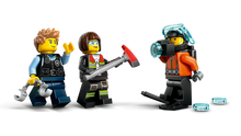 Load image into Gallery viewer, LEGO City helicopter fire truck submarine set featuring three detailed firefighter and diver minifigures
