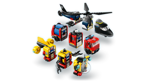 LEGO City helicopter fire truck submarine set with detailed rescue vehicles and aircraft toys