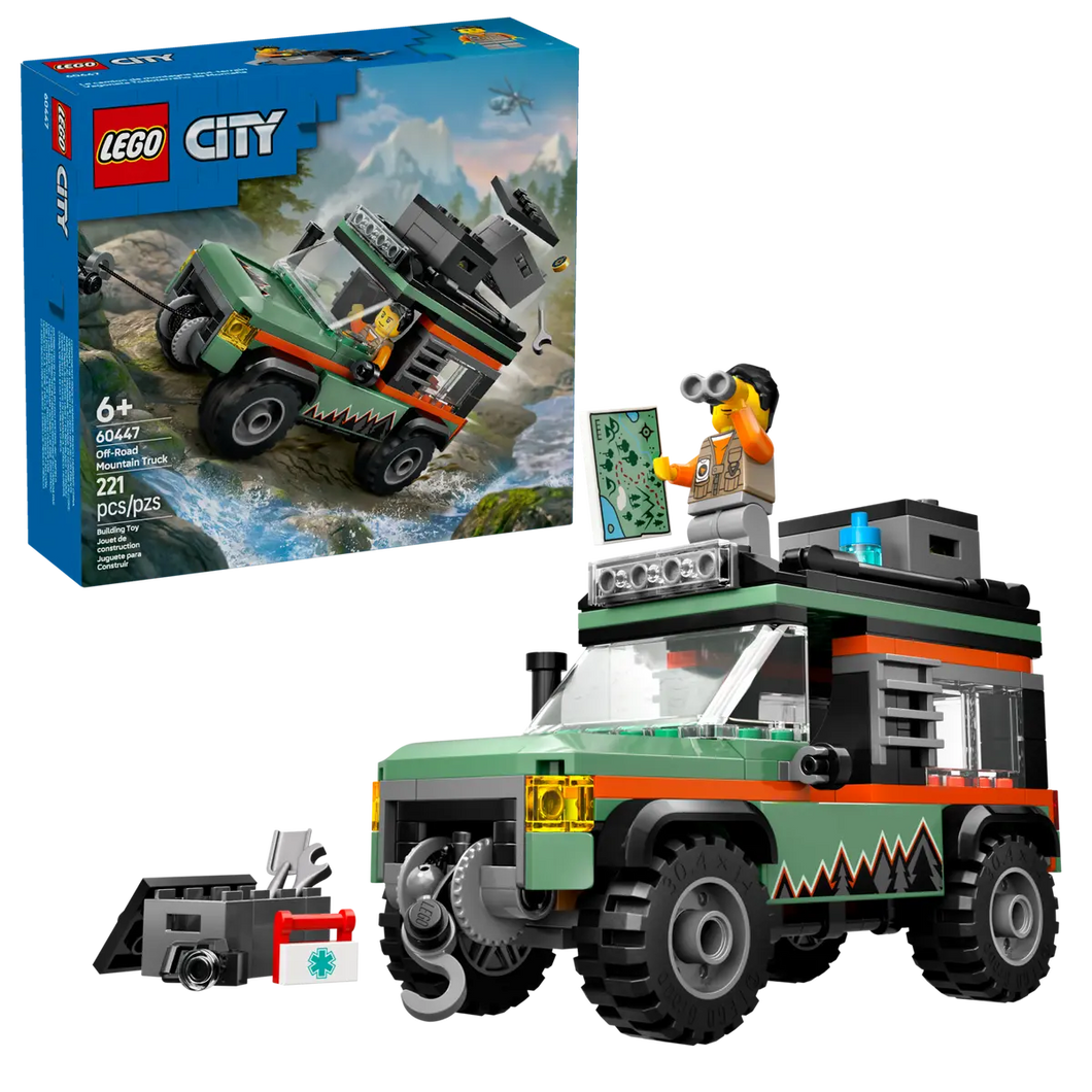 LEGO City Off-Road Mountain Truck boxed set by Brick Shack featuring a green and black off-road vehicle with accessories
