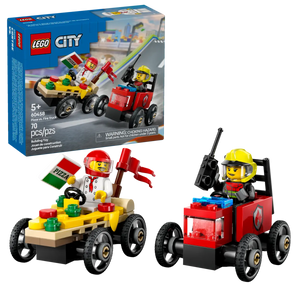 LEGO City Pizza vs Fire Truck Race Car Pack with two mini figures and racing vehicles by Brick Shack
