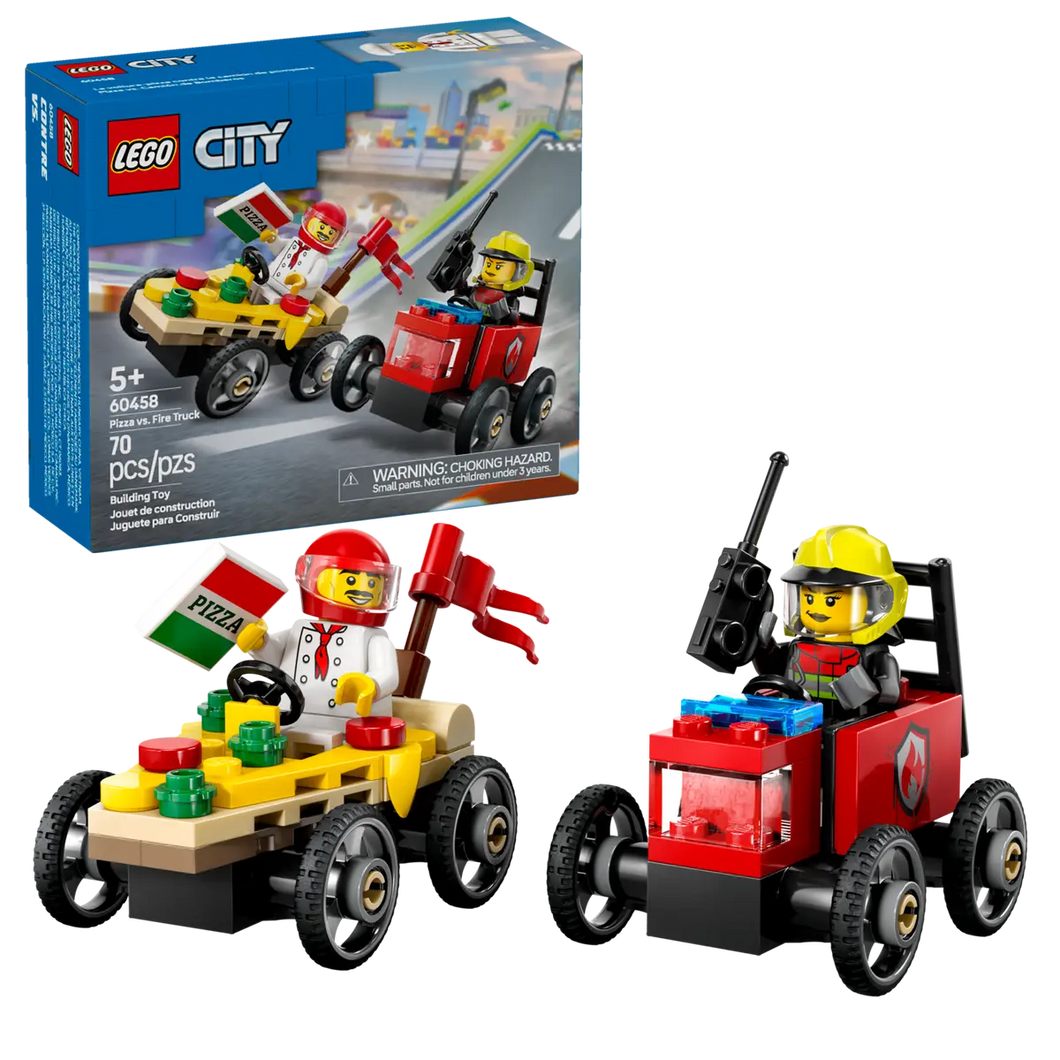 LEGO City Pizza vs Fire Truck Race Car Pack with two mini figures and racing vehicles by Brick Shack