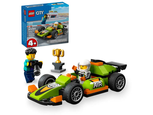 LEGO City race car set with green race car, minifigures, trophy, and photographer by Brick Shack
