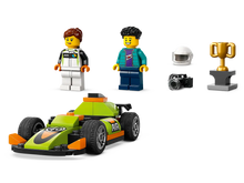 Load image into Gallery viewer, LEGO City race car set by Brick Shack with green race car, two minifigures, helmet, camera, and trophy
