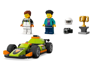 LEGO City race car set by Brick Shack with green race car, two minifigures, helmet, camera, and trophy