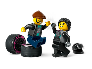 LEGO City race car set featuring two minifigures with racing helmets and tyres from Brick Shack