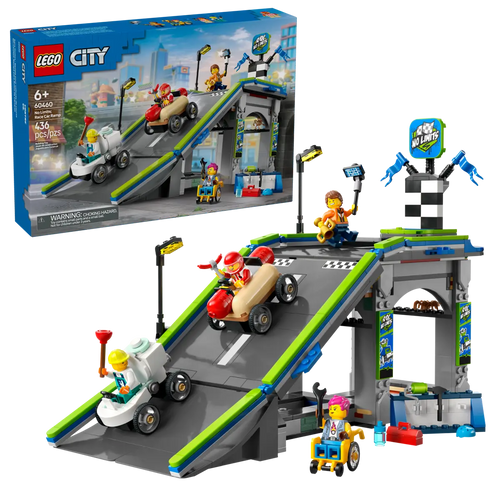 LEGO City race car track set by Brick Shack with race cars, ramps, and minifigures in boxed set