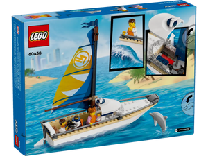LEGO City sailboat set boxed with colourful sailboat and minifigures playing in ocean scene