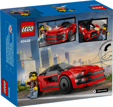 Load image into Gallery viewer, LEGO City sports car set boxed set featuring a red sports car and mini-figure in urban city background
