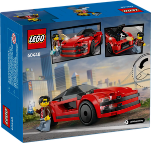 LEGO City sports car set boxed set featuring a red sports car and mini-figure in urban city background