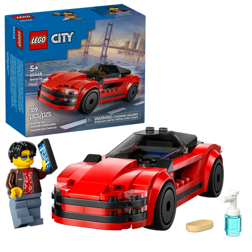 LEGO City sports car set with red convertible car and minifigure holding smartphone in boxed set