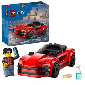 LEGO City sports car set with red convertible car and minifigure holding smartphone in boxed set