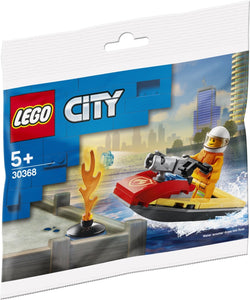 LEGO City polybag 30368 with firefighter on red water scooter putting out fire for ages 5 plus