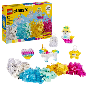 LEGO Classic Magical Transparent Box set with colorful translucent pieces and buildable characters for creative play