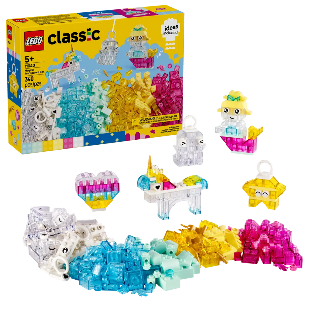 LEGO Classic Magical Transparent Box set with colorful translucent pieces and buildable characters for creative play
