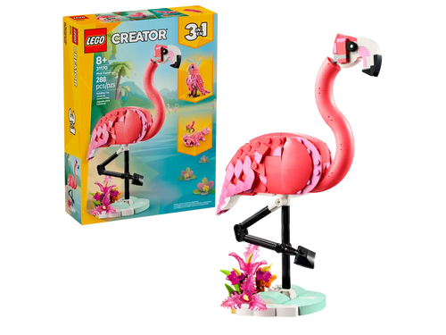 LEGO Creator 3-in-1 Pink Flamingo set boxed with assembled pink flamingo model and floral base