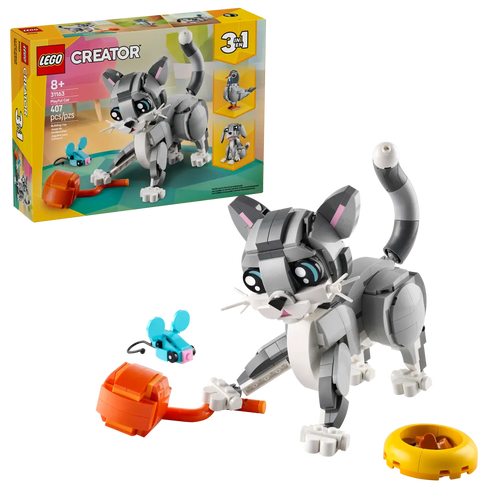 LEGO Creator 3-in-1 Playful Cat boxed set by Brick Shack with cat, mouse, ball of wool and food bowl
