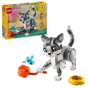 LEGO Creator 3-in-1 Playful Cat boxed set by Brick Shack with cat, mouse, ball of wool and food bowl