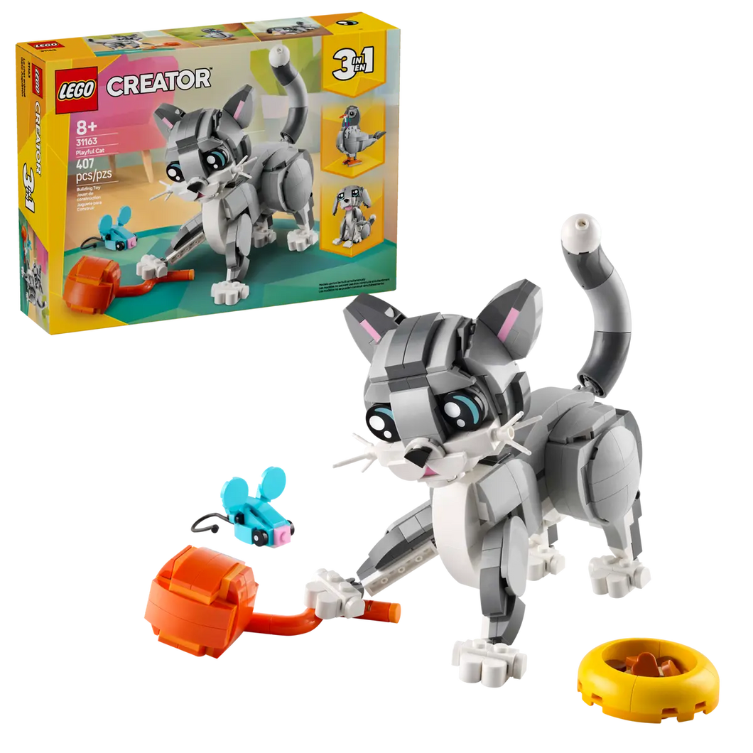 LEGO Creator 3-in-1 Playful Cat boxed set by Brick Shack with cat, mouse, ball of wool and food bowl