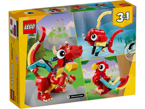 LEGO Creator 3-in-1 Red Dragon set with buildable dragon, parrot and fish models for creative play
