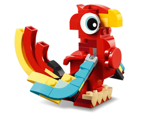 LEGO Creator 3-in-1 Red Dragon set featuring vibrant red and blue brick designs