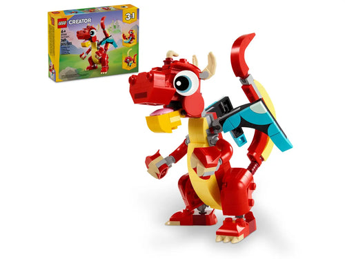 LEGO Creator 3-in-1 Red Dragon set featuring a vibrant red dragon model with movable parts
