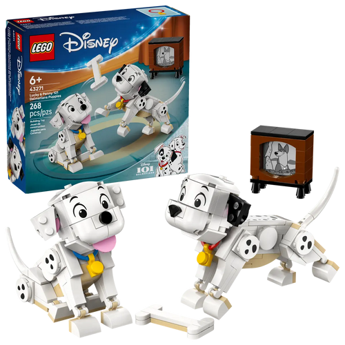 LEGO Disney 101 Dalmatians set featuring two Dalmatian puppies and a vintage TV model