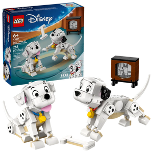 LEGO Disney 101 Dalmatians set featuring two Dalmatian puppies and a vintage TV model