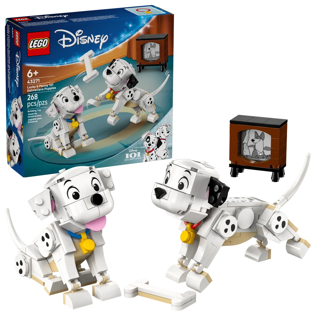 LEGO Disney 101 Dalmatians set featuring two Dalmatian puppies and a vintage TV model