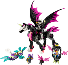 Load image into Gallery viewer, LEGO Dreamzzz Pegasus Flying Horse 71457 set featuring a black and pink winged horse with characters
