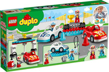 Load image into Gallery viewer, LEGO DUPLO race cars set 10947 featuring race cars, track, and driver figures for creative play
