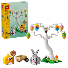Load image into Gallery viewer, LEGO Easter Bunny set with white tree holding colourful Easter egg decorations and buildable bunny and chick figures
