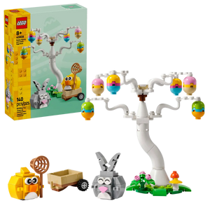 LEGO Easter Bunny set with white tree holding colourful Easter egg decorations and buildable bunny and chick figures