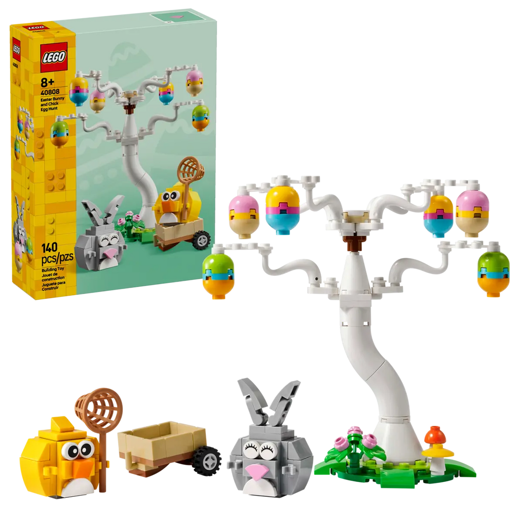 LEGO Easter Bunny set with white tree holding colourful Easter egg decorations and buildable bunny and chick figures