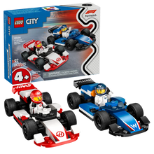Load image into Gallery viewer, LEGO F1 racing cars set by Brick Shack featuring detailed blue and red race cars with minifigures in boxed set
