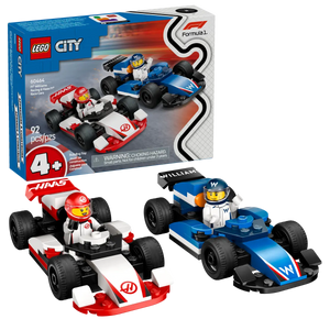 LEGO F1 racing cars set by Brick Shack featuring detailed blue and red race cars with minifigures in boxed set