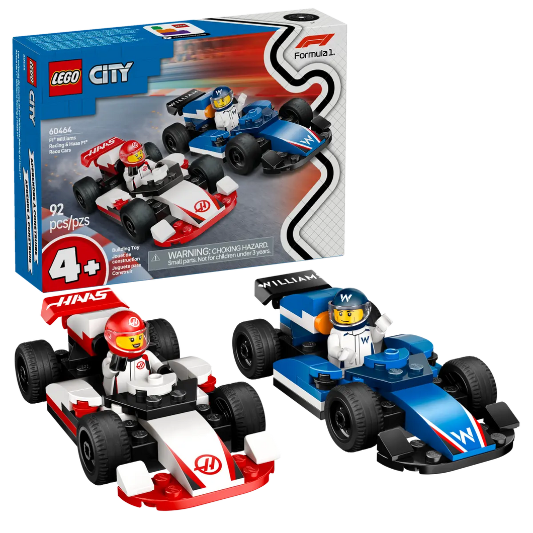 LEGO F1 racing cars set by Brick Shack featuring detailed blue and red race cars with minifigures in boxed set