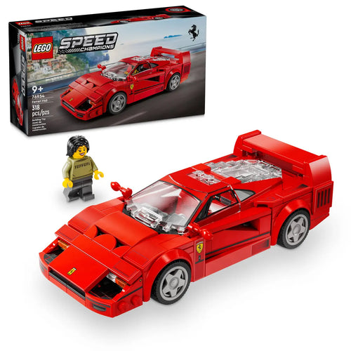 LEGO Ferrari F40 Speed Champions boxed set with red buildable Ferrari car and minifigure on white background