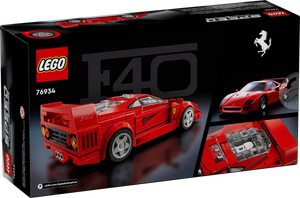 LEGO Ferrari F40 Speed Champions boxed set featuring detailed red Ferrari model with engine and design elements