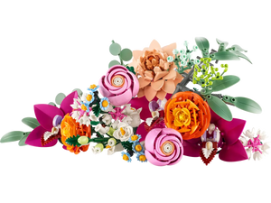 Colourful LEGO flower bouquet set with detailed pink, orange, and white flowers and green leaves on a black background