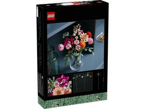 LEGO flower bouquet set boxed with colourful flower pieces in a clear vase model