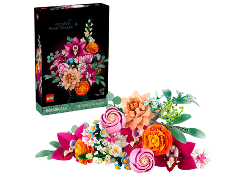 LEGO flower bouquet set with pink and orange flowers and green leaves displayed next to boxed set packaging