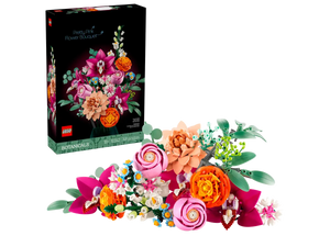 LEGO flower bouquet set with pink and orange flowers and green leaves displayed next to boxed set packaging