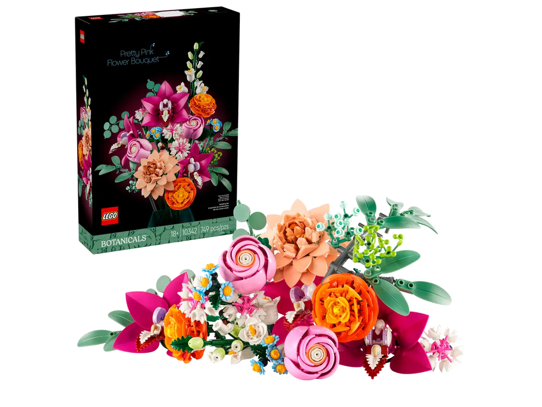LEGO flower bouquet set with pink and orange flowers and green leaves displayed next to boxed set packaging