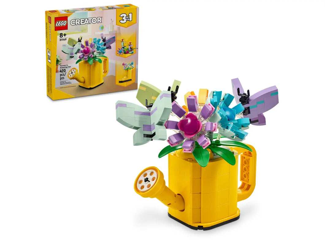 LEGO Flowers in Watering Can set by Brick Shack with colourful flowers in yellow watering can