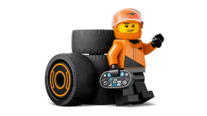 LEGO Boxed Set Brick Shack orange helmet racing driver minifigure with two black tyres