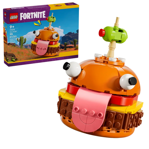 LEGO Fortnite Durrr Burger set with cartoonish burger design and large tongue in boxed set