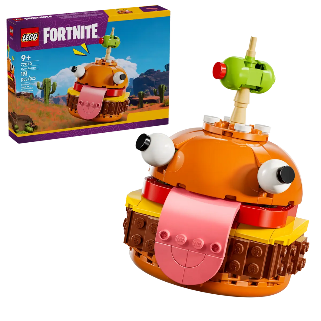 LEGO Fortnite Durrr Burger set with cartoonish burger design and large tongue in boxed set