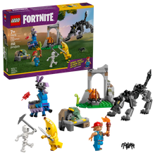 Load image into Gallery viewer, LEGO Fortnite Peely and Sparkplug set 77075 featuring characters, structures, and accessories in a creative play scene
