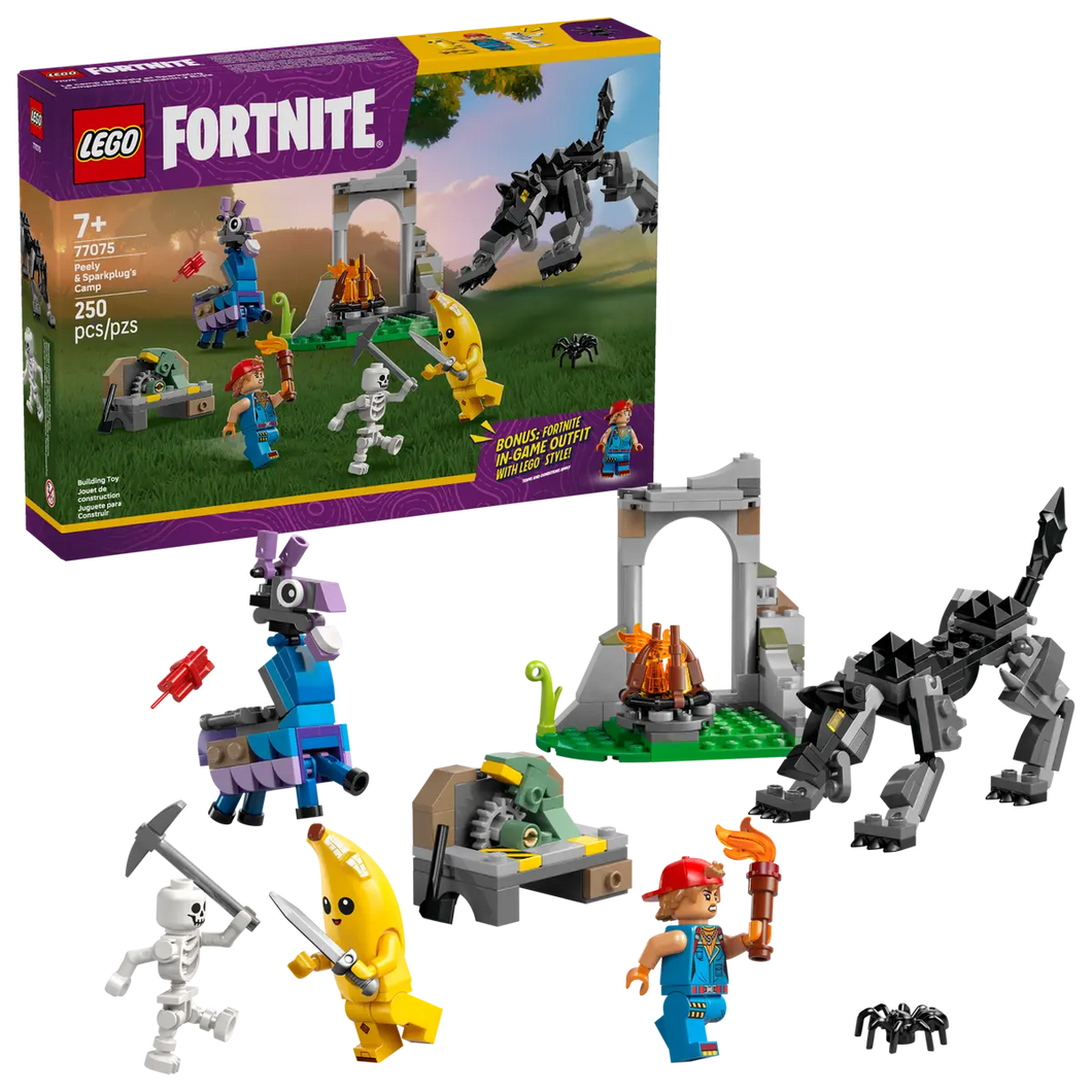LEGO Fortnite Peely and Sparkplug set 77075 featuring characters, structures, and accessories in a creative play scene